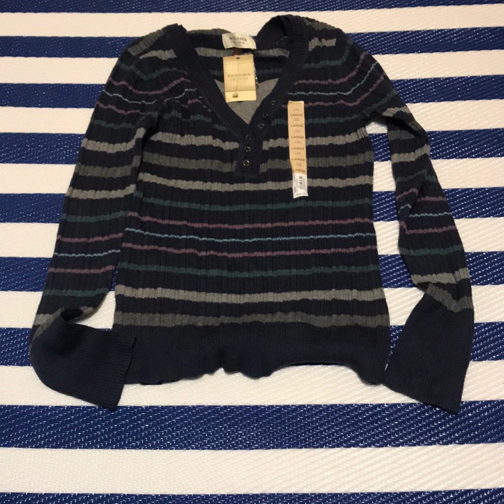 NWT Sweater Navy Striped V-Neck Size Large